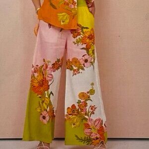 [New] Anthropologie Madison D’Amelie (M) Colorful Floral Linen Wide Leg Pants